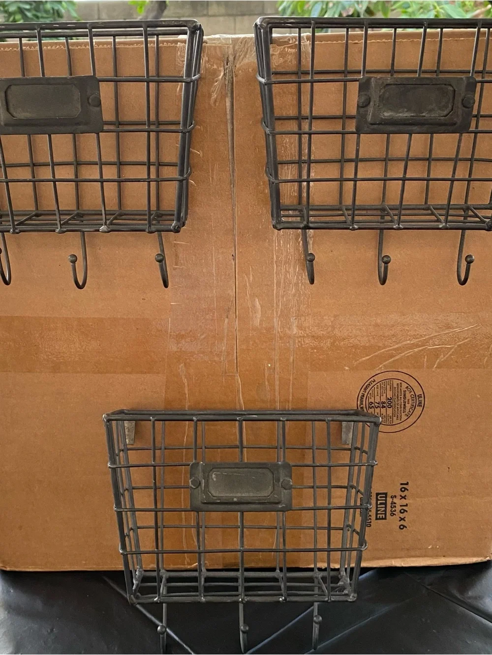Set of 3 Industrial Black Metal Wire Baskets with Hooks